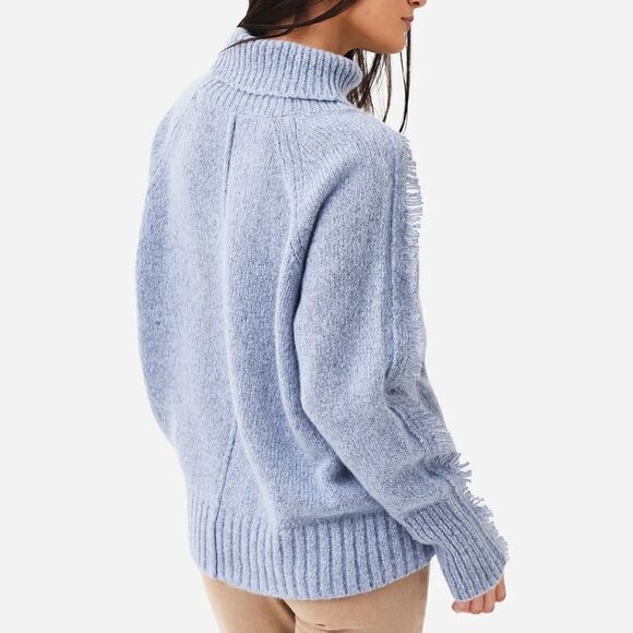 BROCHU WALKER Wool & Cashmere Odene Fringe Turtleneck in Oslo Blue Melange XS - Picture 2 of 10